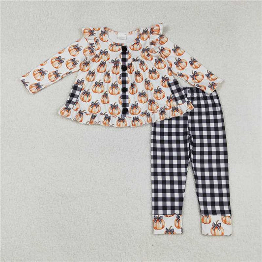 10.27 RTS NO MOQ （In stock） Matching GLP2692 Baby Girls Button Pockets Pumpkins Tunic Black Plaid Pants Fall Sets
