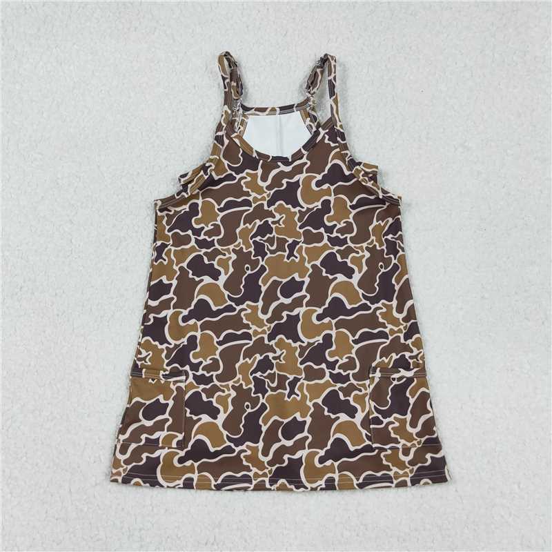 10.18 RTS NO MOQ （In stock）Matching GSD2722 Baby Girls Strap Brown Camo Pockets Shorts Yoga Active Knee Length Dresses