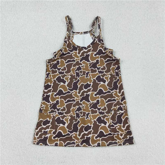 10.18 RTS NO MOQ （In stock）Matching GSD2722 Baby Girls Strap Brown Camo Pockets Shorts Yoga Active Knee Length Dresses