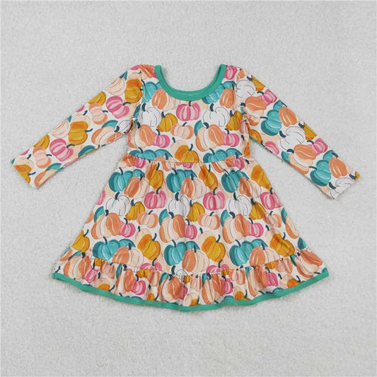 10.27 RTS NO MOQ （In stock）Matching GLD1264 Baby Girls Colorful Pumpkins Plaid Fall Ruffle Knee Length Dresses