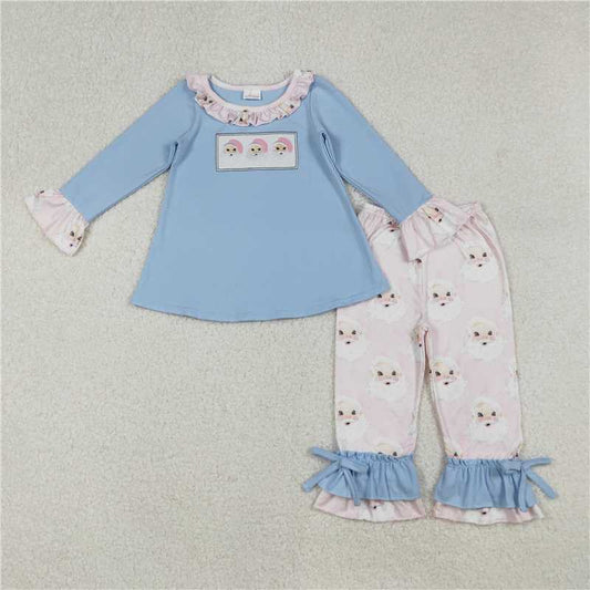 12.8 RTS NO MOQ （In stock）GLP1226 Embroidery Baby Girls Christmas Blue Santas Tunic Ruffle Pants Clothes Sets