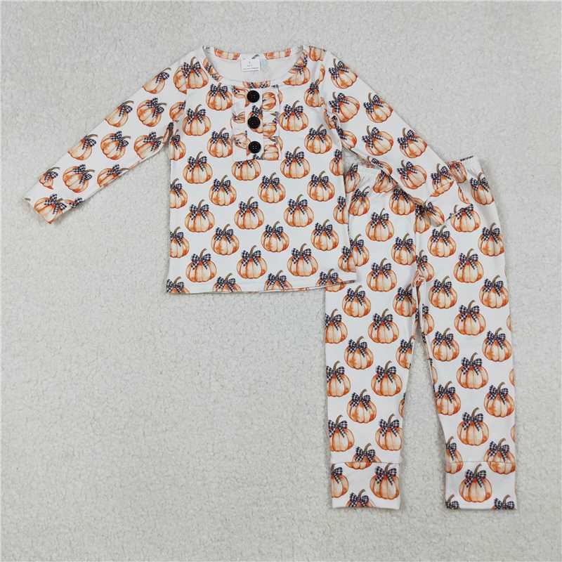 10.27 RTS NO MOQ （In stock） Matching GLP2700 Baby Girls Bows Pumpkins Button Top Pants Fall Pajamas Sets