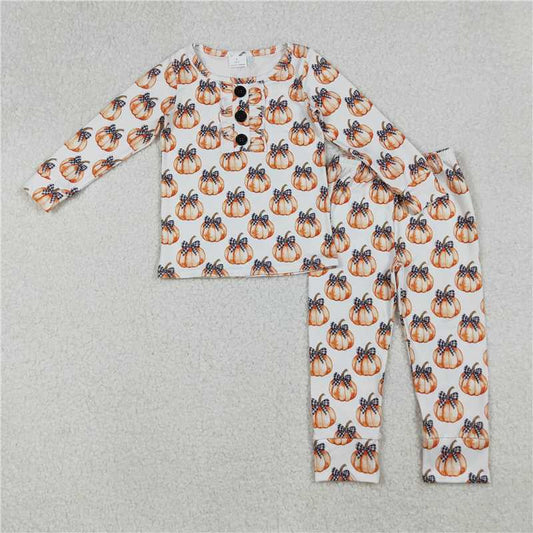 10.27 RTS NO MOQ （In stock） Matching GLP2700 Baby Girls Bows Pumpkins Button Top Pants Fall Pajamas Sets