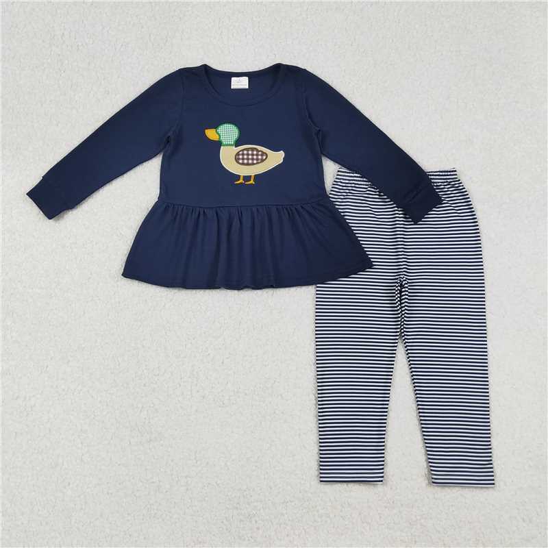 11.28 RTS NO MOQ （In stock）Matching GLP2595 Embroidery Baby Girls Navy Fall Mallard Ducks Tunic Legging Pants Sets