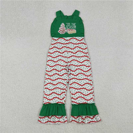 11.18 RTS NO MOQ （In stock）Matching Christmas SR3178 Embroidery Baby Girls Green Strap Red Stripe Trees Ruffle Pant Jumpsuits