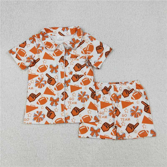 11.19 RTS NO MOQ （In stock）Matching GSSO2676 Baby Girls Orange Go Team Footballs Bows Button Top Short Pajamas Set