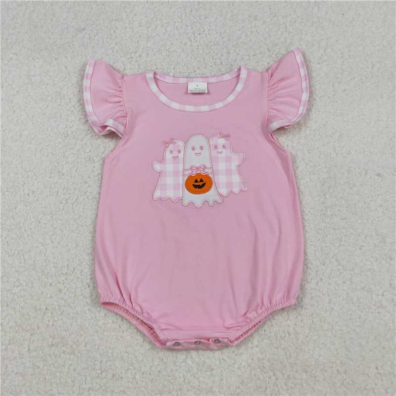 11.5 RTS NO MOQ （In stock）Matching Halloween SR3196 Embroidery Baby Girls Pink Ghost Pumpkins Halloween Ruffle Rompers
