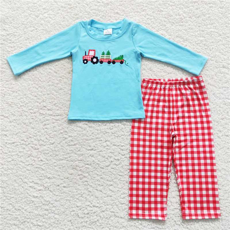 BLP0248Christmas tree truck plaid pants boy Christmas outfits