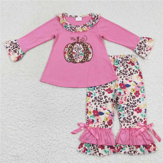 GLP0626Floral leopard pumpkin top ruffle pants girls fall clothing