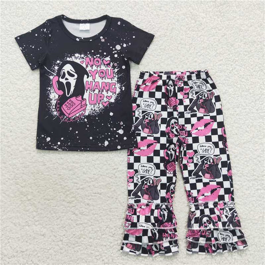 GSPO0797 Hang up Mask Ghost Black Short Sleeve Plaid Trousers Set
