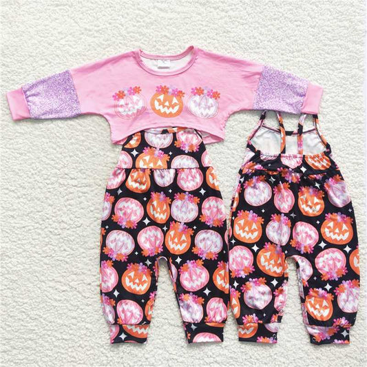GLP0686Floral pumpkin jumpsuit top girls Halloween clothes