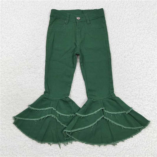 P0171  Baby Girls Double Ruffle Green Denim Bell Pants