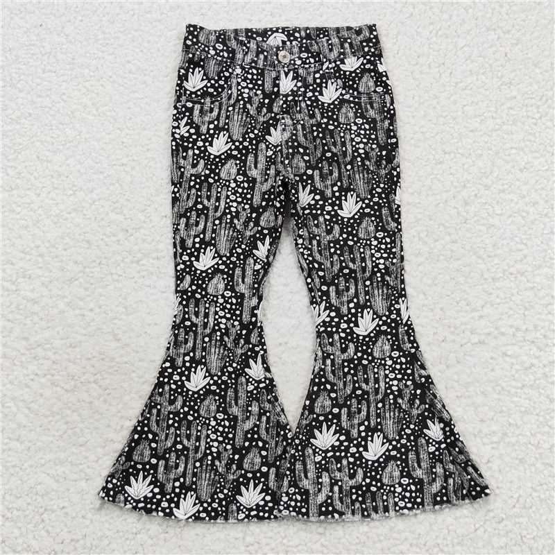 P0158 Baby Girls Western Black Cactus Denim Bell Pants