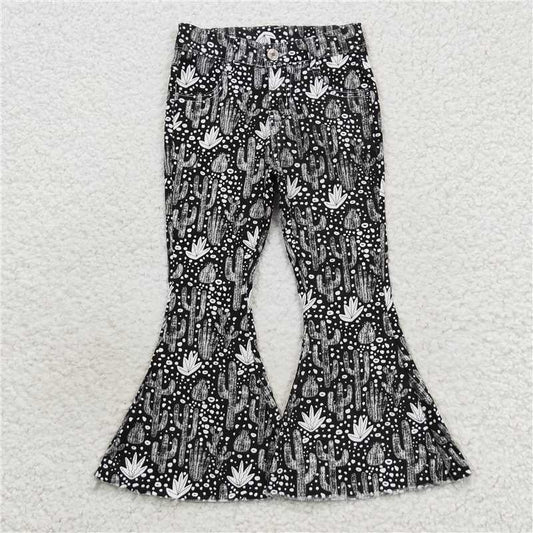 P0158 Baby Girls Western Black Cactus Denim Bell Pants