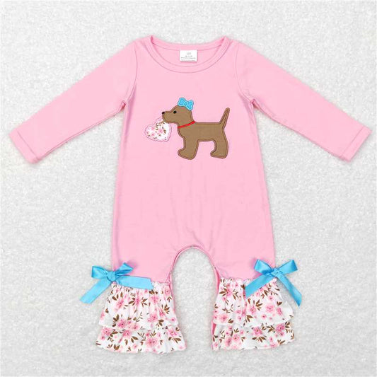 LR0789 Pink dog floral heart baby girls valentine's day romper