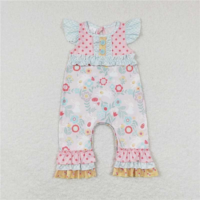 SR0466  Baby Infant Girls Easter Rabbit Flutter Sleeve Rompers