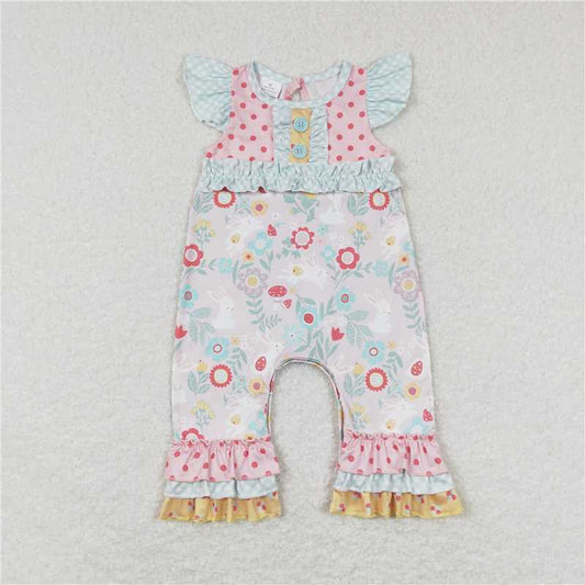 SR0466  Baby Infant Girls Easter Rabbit Flutter Sleeve Rompers