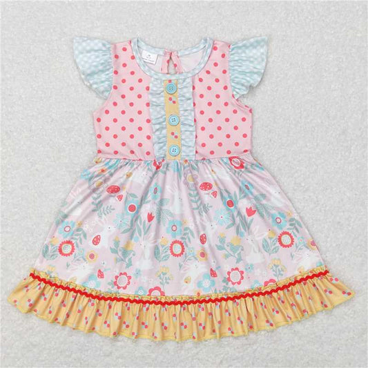 GSD0491 Flower Bunny Polka Dot Yellow Lace Fly Sleeve Dress