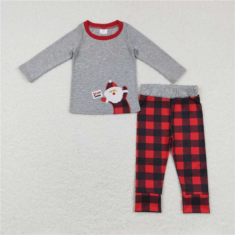 BLP0334Grey santa top buffalo plaid pants boy Christmas outfits