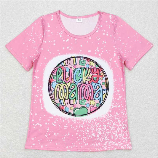 GT0378 Adult Women Pink Lucky Mama Short Sleeve St Patrick Shirts Tops