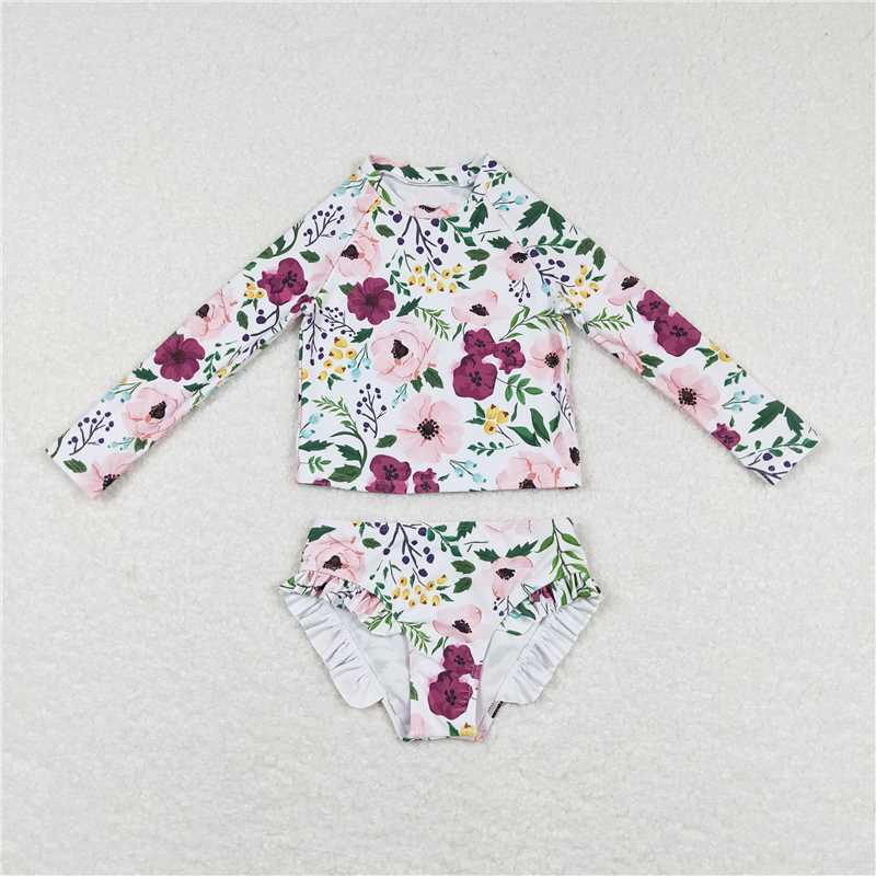 S0180  Baby Girls Flowers Long Sleeve Top 2pcs Swimsuits