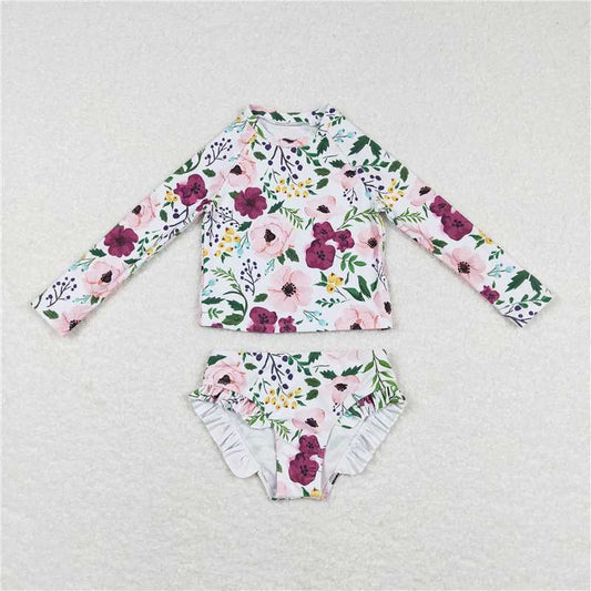 S0180  Baby Girls Flowers Long Sleeve Top 2pcs Swimsuits