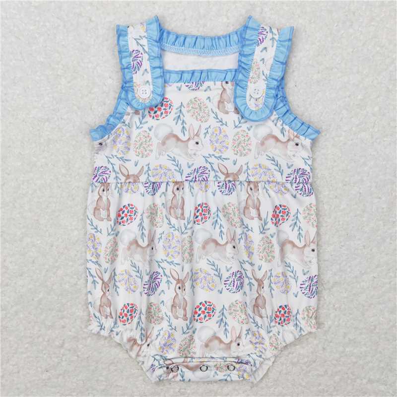 SR0507  Baby Infant Girls Easter Rabbit Flowers Sleeveless Rompers