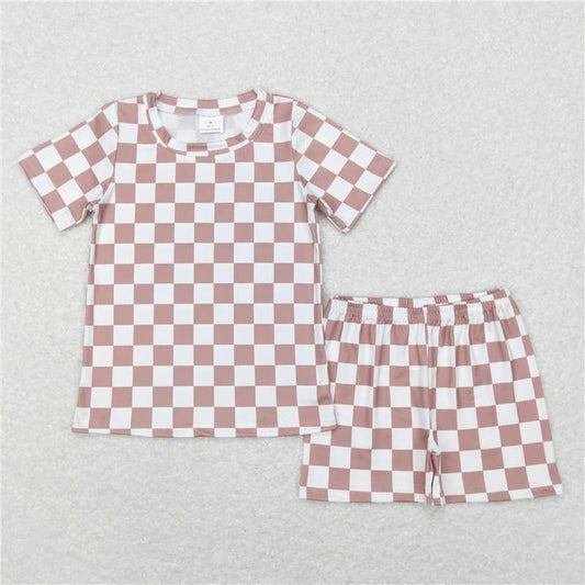 BSSO0326 Baby Kids Khaki Checkered Summer Shorts Pajamas Clothes Sets