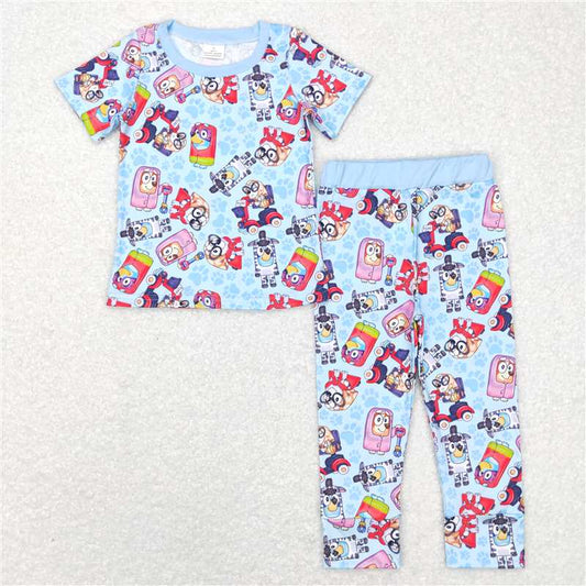 BSPO0249 Baby Boys Blue Dogs Short Sleeve Tee Shirts Pants Pajamas Clothes Sets