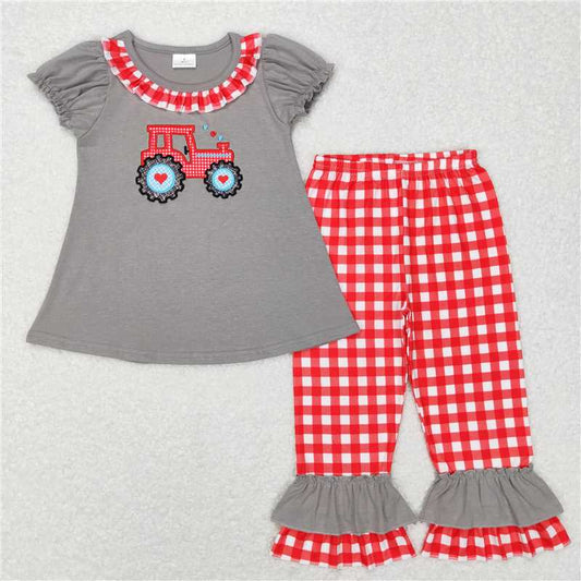 GSPO0972 Tractor heart tunic plaid pants girls Valentine's outfits