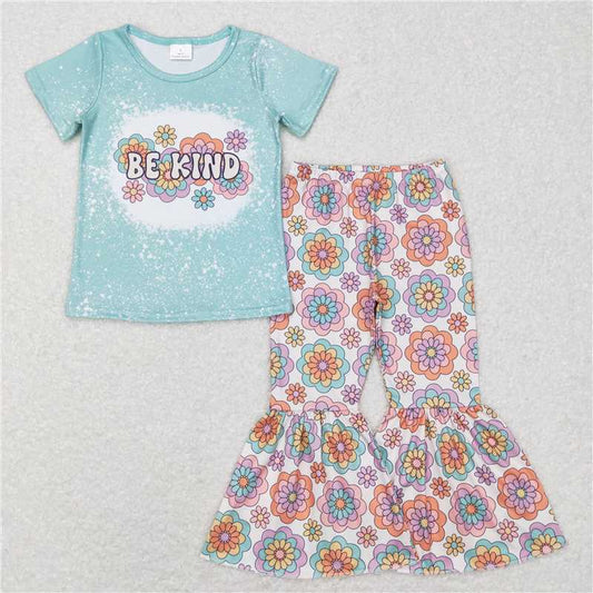 GSPO1091 be kind flower lettering aqua short-sleeved trousers suit