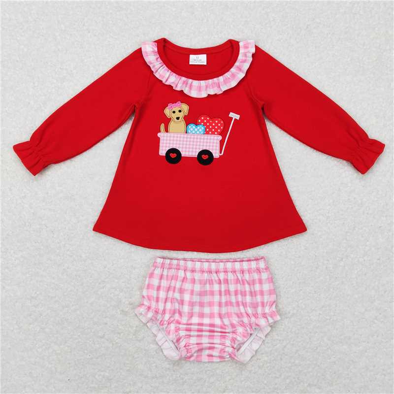 GBO0191  Baby Girls Valentines Dog Tractor Top Bummie Sets