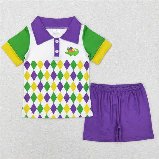 12.19 RTS NO MOQ （In stock）BSSO0311 Baby Boys Mardi Gras Alligator Shirt Shorts Clothing Sets