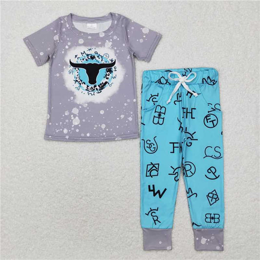 BSPO0224 Baby Boys Western Blue Cow Shirt Words Pants Clothes Sets