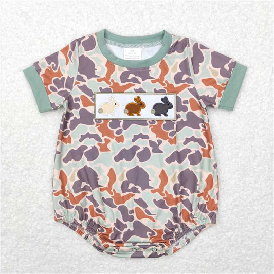 SR0508 Embroidery Baby Infant Boys Short Sleeve Easter Camo Rabbits Rompers