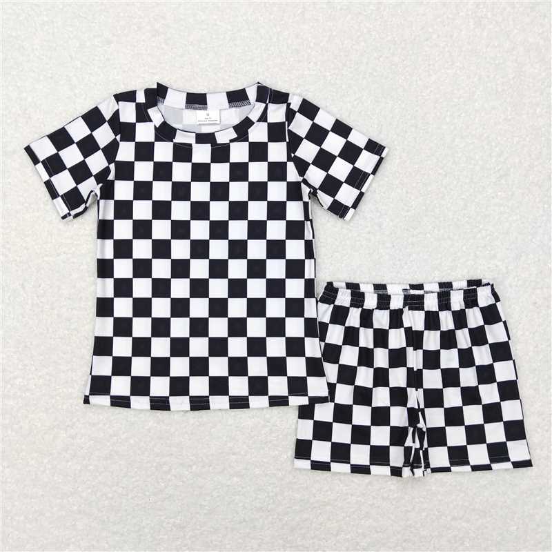 BSSO0327 Baby Kids Black Checkered Summer Shorts Pajamas Clothes Sets