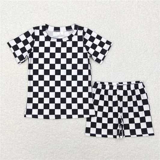 BSSO0327 Baby Kids Black Checkered Summer Shorts Pajamas Clothes Sets