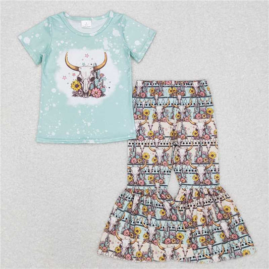 GSPO1090 Alpine bull head flower water green short-sleeved trousers suit