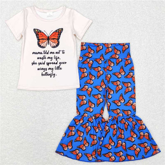 GSPO0954 Short-sleeved blue trousers suit with butterfly letters