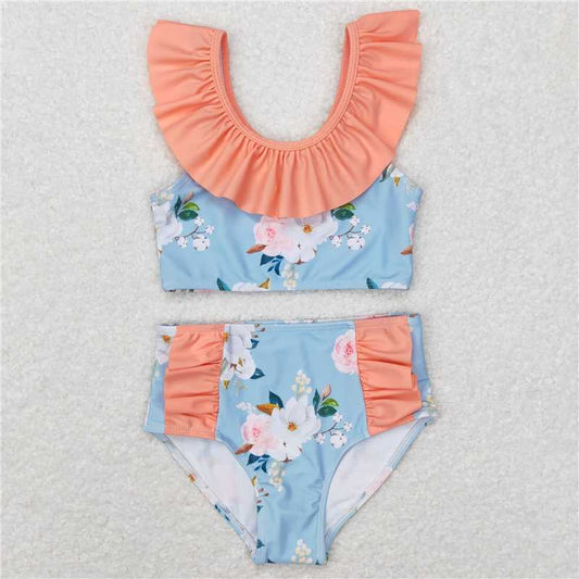 S0179  Baby Girls Blue Flowers Sleeveless Ruffle Top 2pcs Swimsuits