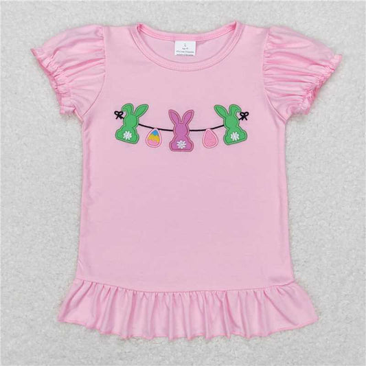 GT0391  Embroidery  Pink bunny eggs short sleeves baby girls easter shirt