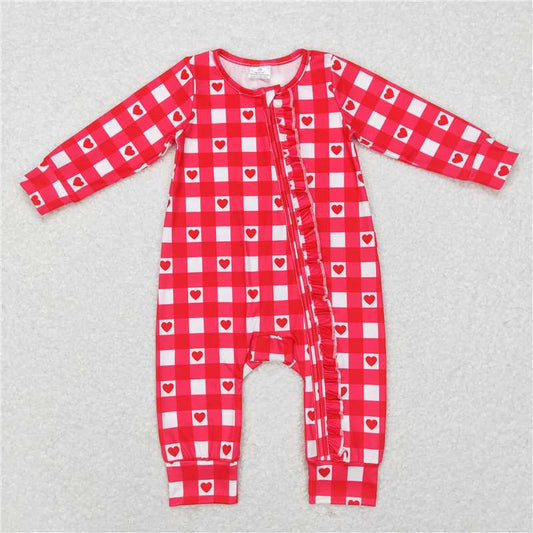 LR0832 Red plaid heart baby girls ruffle valentine's zipper romper