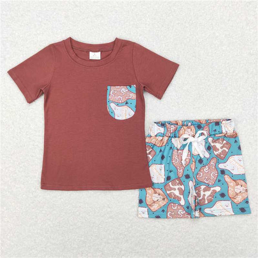 BSSO0348 Baby Boys Western Cow Tags Pocket Top Shorts Clothes Sets