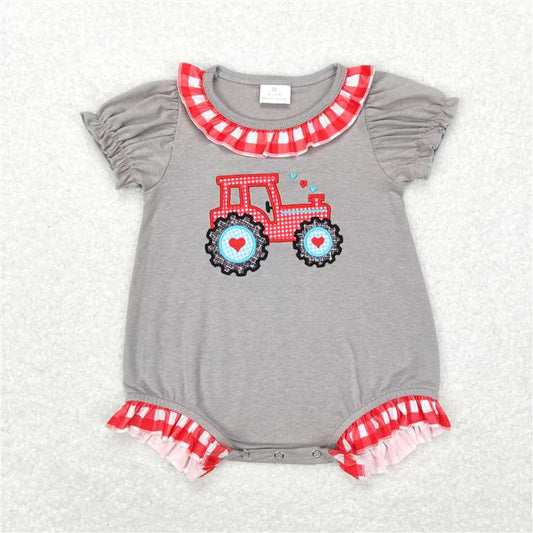 SR0489  Baby Infant Girls Valentines Tractor Hearts Short Sleeve Rompers