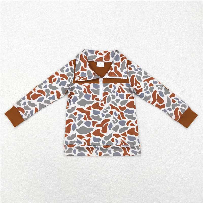 BT0468   Baby Boys Brown Camo Zip Long Sleeve Pullovers Tops