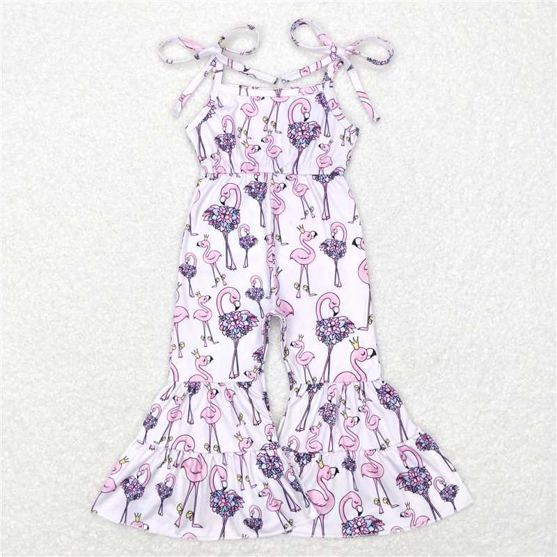 SR0505  Baby Girls Summer Flamingo Straps Bell Bottom Jumpsuits