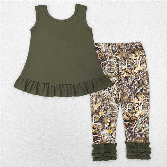 GSPO1089 RTS NO MOQ Baby Girls Spring Outfits Bow tie lace sleeveless top camouflage tree branch trousers set