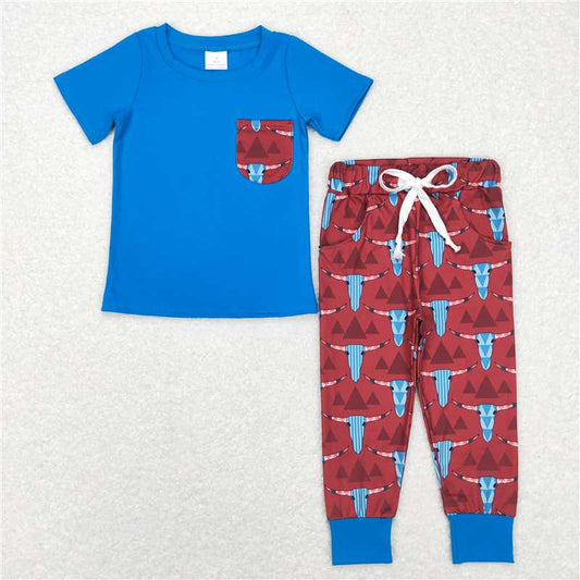 BSPO0188 Baby Boys Western Short Sleeve Cow Aztec Pocket Shirt Pants Clothing Sets
