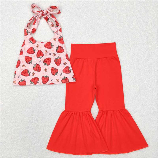 GSPO1077 Strawberry heart halter top bell bottom pants girls outfits