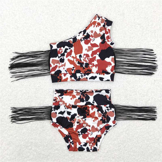 GBO0208  Baby Girls Infant Summer Tassel One Shoulder Cow Bummies Clothes Sets